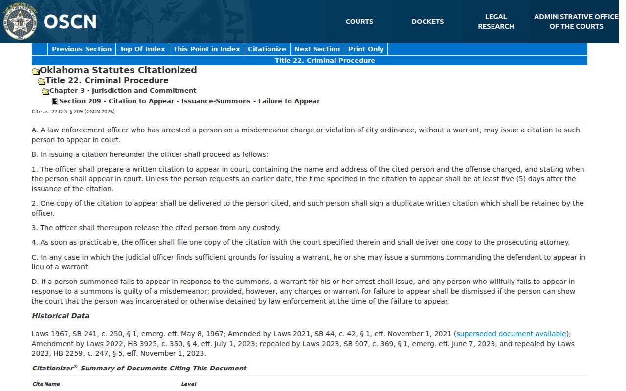 Pottawatomie County bench warrant citation and summons source
