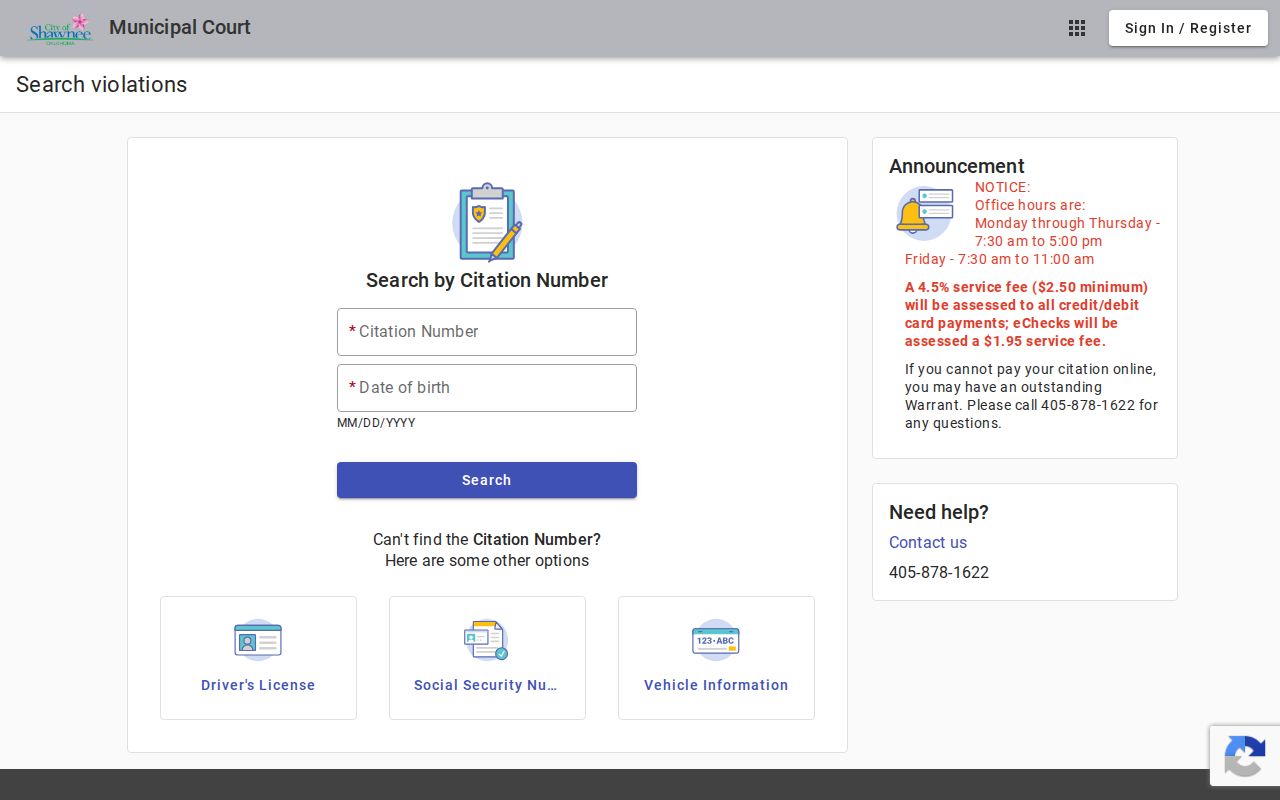 Pottawatomie County traffic warrant citation and license search fields